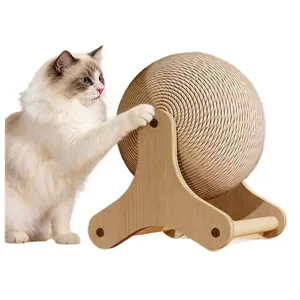 Palla tiragraffi rotante a 360 gradi in sisal per gatti con supporto in legno naturale