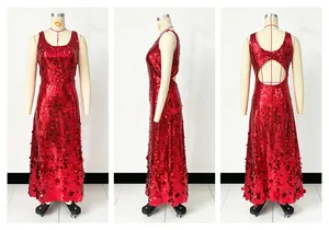 Three-view detail of a shimmering red sequin sleeveless evening gown with backless design