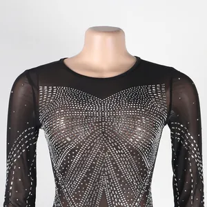 Sexy black sheer mesh evening dress with silver rhinestone detailing for nightclubs.