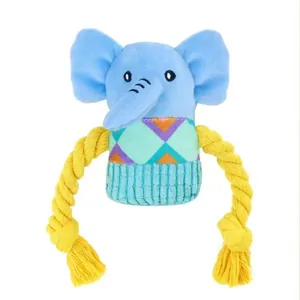 Gioco di peluche a forma di elefante per cani con robuste corde gialle