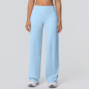High-waisted wide-leg yoga pants in soft light blue brushed fabric for fitness and gym