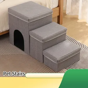 Faltbare Pet Treppe mit Aufbewahrungsbox und Höhle Leinenimitat Mehrstufige Hundetreppe für Kleine Hunde Indoor Möbel