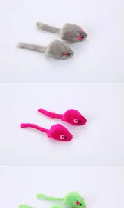 Detailed view of colorful plush mouse cat toys in grey hot pink and lime green colors