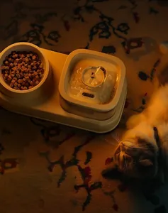 Detailed view of integrated pet feeder and electric water fountain on carpet