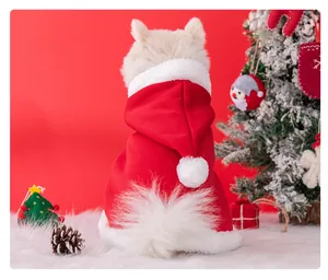 Detail of a white dog wearing a festive red Christmas hooded cape with plush trim