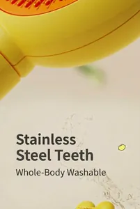 Close-up of washable pet cat brush with rust-resistant stainless steel teeth details