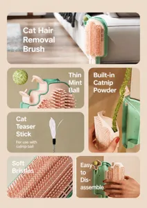 Vue détaillée du brosse pour chat avec poils souples et boule d'herbe à chat.