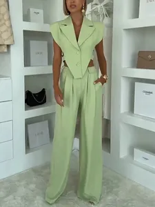 Women's Fashion Sleeveless Vest and Wide Leg Pants Top And Bottom Polyester Spandex Cutout Waist Notched Lapel Urban Suit