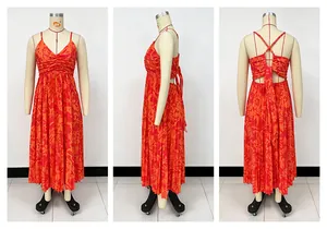 V-neck floral pleated camisole maxi dress shown from front, side, and back views