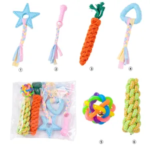 Detail view of 6-piece dog rope toy set featuring carrot, star, and ball designs