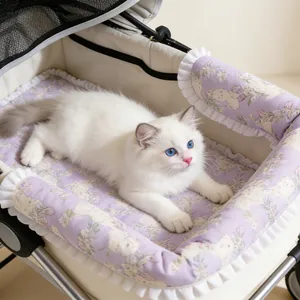 Floral patterned pet stroller liner and cushion three-piece set with a fluffy white cat
