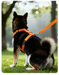 Rückansicht eines Shiba Inu mit verstellbarem orangefarbenem Hundegeschirr im Park.