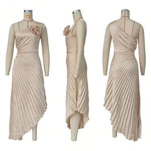 Elegant champagne one-shoulder pleated evening dress with handmade rose detail for women