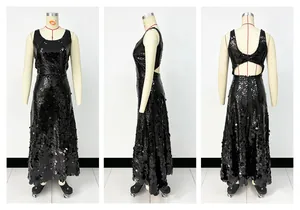 Black sequin sleeveless evening dress shown in front, side, and back views on mannequin.
