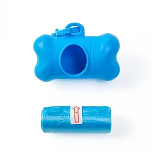 Bone-shaped blue pet waste bag dispenser with a roll of refill bags on white background