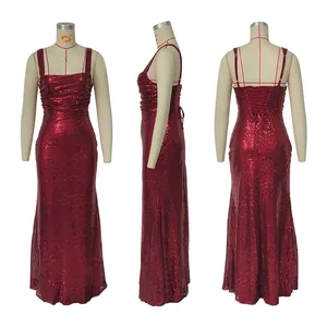 Front, side and back views of a red sequin sleeveless evening gown on a mannequin