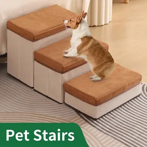 3-Step Foldable Pet Stairs With Storage Boxes Non-Slip Suede Fabric Dog Steps Climbing Ladder For Sofa Bed Cats Small Medium Dogs Grey Coffee