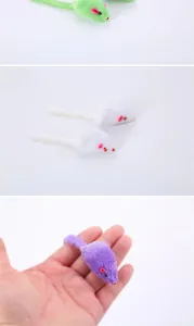 Detailed close-up of colorful plush mouse cat toy being held for size reference