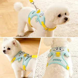 Cute dinosaur cartoon pet harness for small dogs with breathable mesh and yellow straps
