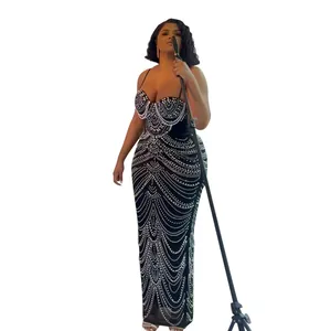 Sexy Backless Bodycon Maxi Evening Dress Hot-fix Rhinestone Faux Pearl Cami Long Dress Elegant Party Gown For Lady