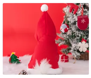 Festive red Christmas pet hooded cloak with soft white fur trim seen from the back view.
