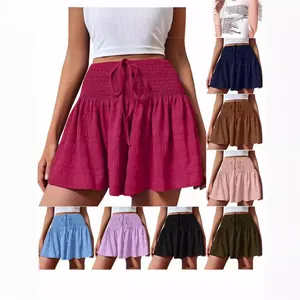 Women Summer Casual High Waisted Smocked Shorts Solid Color Loose Drawstring Flowy Shorts Polyester Athletic Sports Shorts