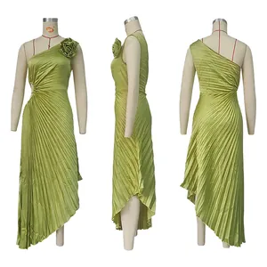 Olive green one-shoulder ruched dress featuring a flower detail and side cut-out design.