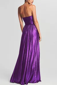 Elegant back view of metallic purple strapless pleated maxi dress for evening party.