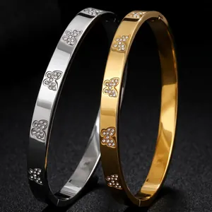 Stainless Steel Butterfly Rhinestone Bangle Bracelet For Women Gold Silver Plated Clover Bangle Oval Hinged Cuff Bracelet Fashion Jewelry