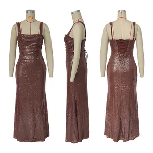 Front, side and back views of a sequin evening gown with spaghetti straps and lace-up back