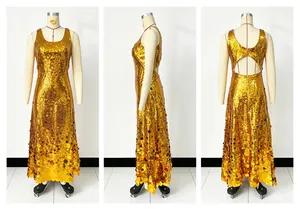Gold sequin sleeveless evening gown with backless detail and ombre sequin hem style.