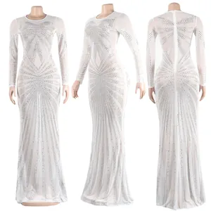 Detailed views of a sexy white floor-length dress with shimmering silver rhinestones.