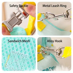 Detailed views of breathable dinosaur cartoon pet harness with durable metal buckles