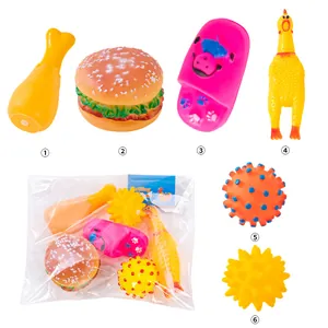 Set di 6 giocattoli sonori colorati per cani in vinile con pollo, hamburger e palline