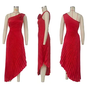 Elegant red one-shoulder pleated evening dress with rose detail and asymmetric hemline
