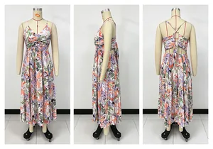 Floral V-neck camisole maxi dress with pleated skirt shown in front, side, and back views.
