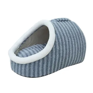 Lit douillet pour chat et petit chien en forme de grotte rayée bleue et blanche en éponge