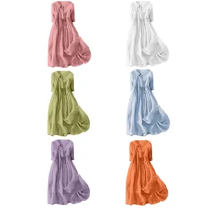 Women Casual Cotton Linen Solid Color Maxi Dress Short Sleeve Button Front Pleated Loose Fit Boho Beach Party Dress