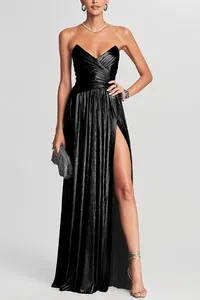 Elegant black strapless evening dress featuring pleated texture and high side slit