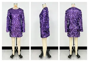 Vista detallada triple de un vestido corto de lentejuelas moradas con manga larga.