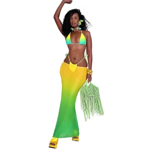 Full view of sexy yellow and green gradient three-piece bikini set with mesh maxi skirt