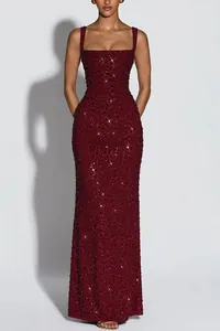 Front view of an elegant burgundy sequined sleeveless evening gown with a square neckline