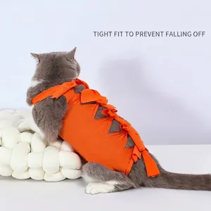 Orange pet recovery suit for cats with adjustable back ties and breathable ribbed fabric