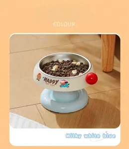 Milky white and blue ice cream style stainless steel pet bowl for cats and dogs.