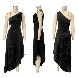 Elegant black one-shoulder pleated dress with waist cut-out and 3D floral accent detail