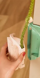 Vue détaillée de la brosse pour chat montrant le compartiment pour l'herbe à chat