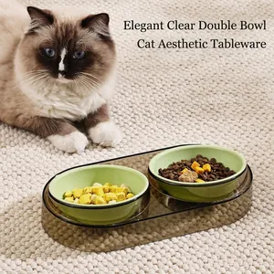 Double Gamelle pour Animaux Style INS Transparente Protection du Cou Couleurs Macaron Ensemble Mangeoire et Abreuvoir pour Chats