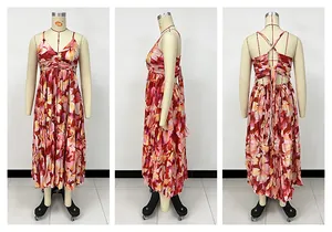 Multi-angle view of a vibrant floral print V-neck pleated maxi dress on a mannequin.