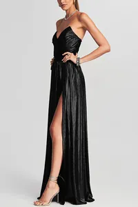 Full view of elegant black strapless pleated evening gown featuring a sexy high slit