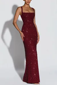 Stunning burgundy sleeveless evening gown with all-over sequins and a slim fit silhouette